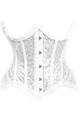 Daisy Corsets Top Drawer White/Silver Satin & Sequin Underwire Curvy Cut Steel Boned Waist Cincher Corset - Daisy Corsets