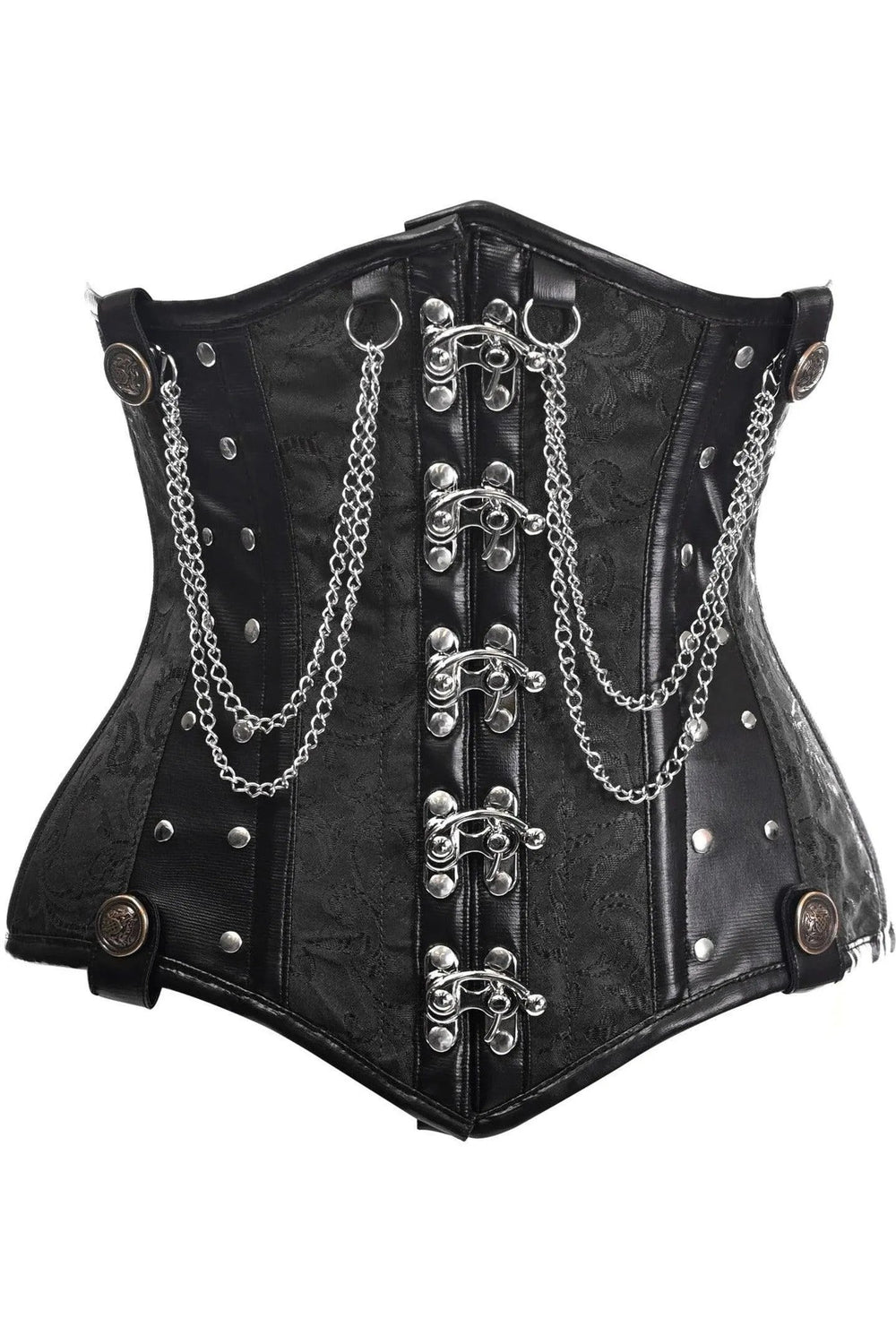 Daisy Corsets Top Drawer Black Brocade Steel Boned Underbust Corset w/Chains and Clasps - Daisy Corsets