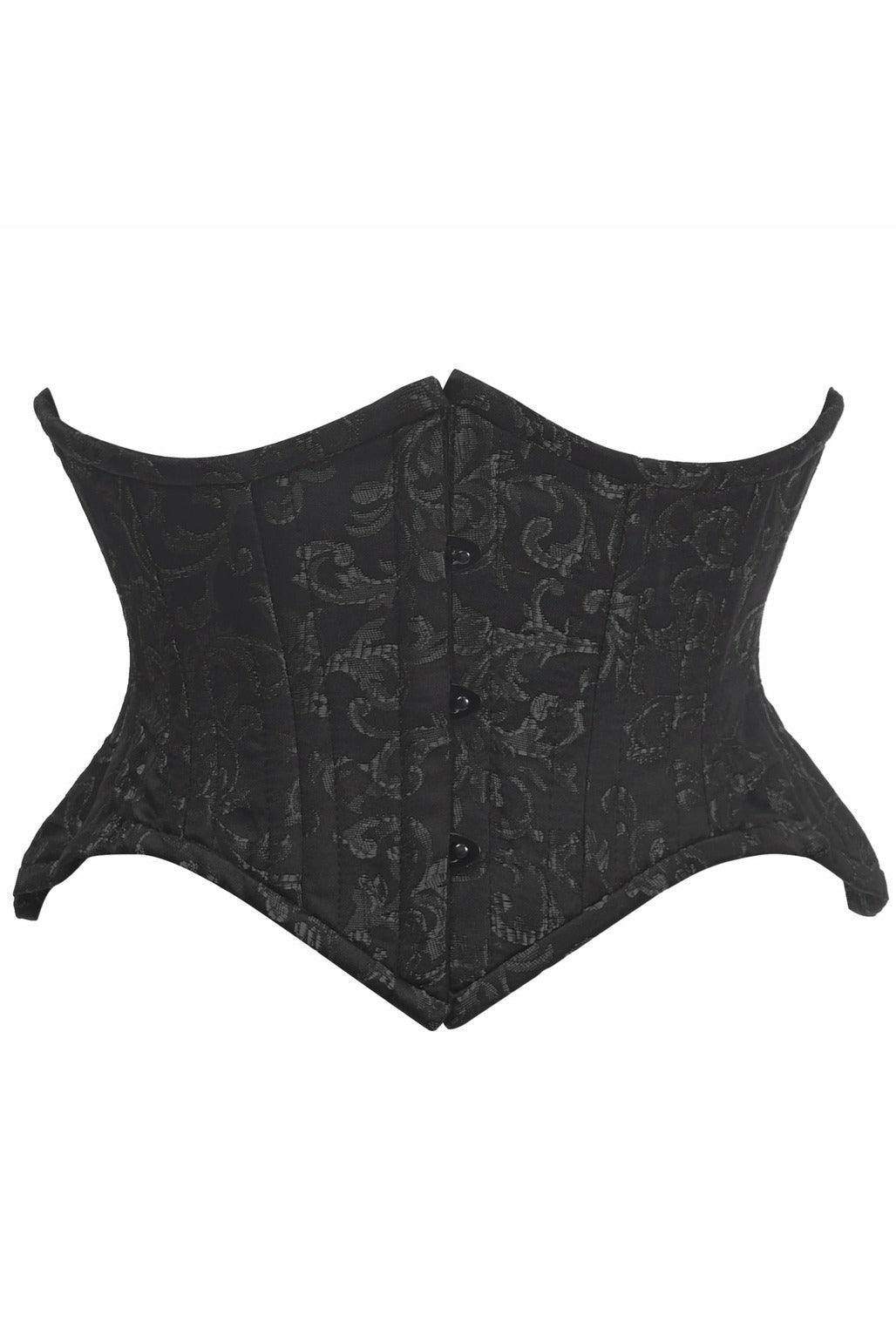 Top Drawer Black/Black Brocade Double Steel Boned Mini Cincher Corset - Flyclothing LLC