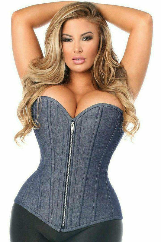 Daisy Corsets Top Drawer Denim Blue Steel Boned Overbust Corset w/Zipper - Daisy Corsets - Flyclothing LLC