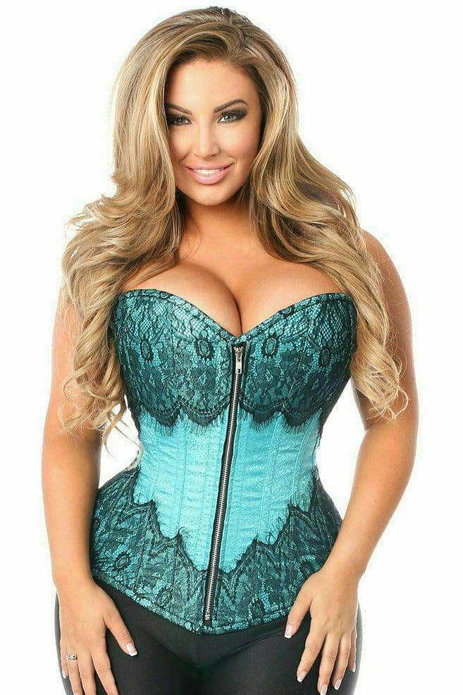 Daisy Corsets Top Drawer Teal Brocade Steel Boned Corset w/Black Eyelash Lace - Daisy Corsets - Flyclothing LLC