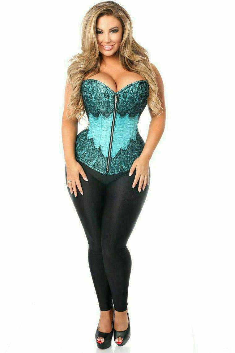Daisy Corsets Top Drawer Teal Brocade Steel Boned Corset w/Black Eyelash Lace - Daisy Corsets - Flyclothing LLC