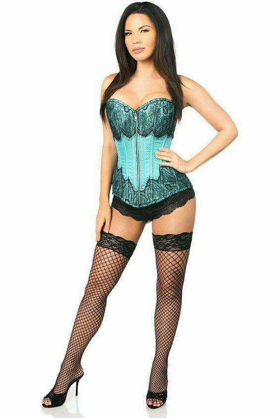 Daisy Corsets Top Drawer Teal Brocade Steel Boned Corset w/Black Eyelash Lace - Daisy Corsets - Flyclothing LLC