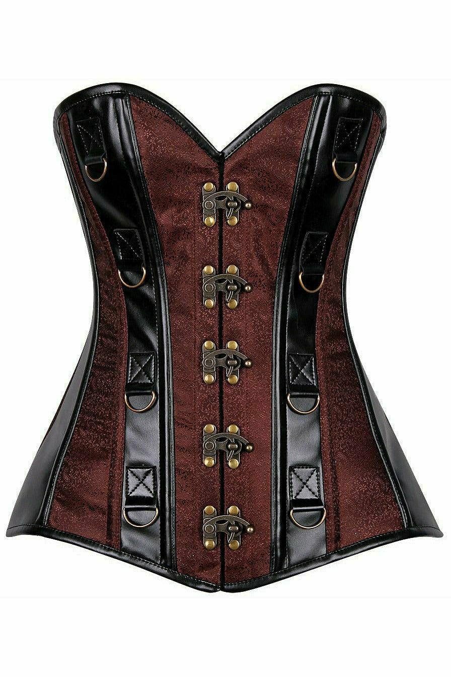Daisy Corsets Top Drawer Brown Brocade & Faux Leather Steel Boned Corset - Daisy Corsets