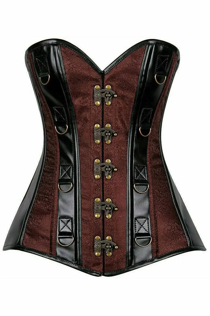 Daisy Corsets Top Drawer Brown Brocade & Faux Leather Steel Boned Corset - Daisy Corsets - Flyclothing LLC