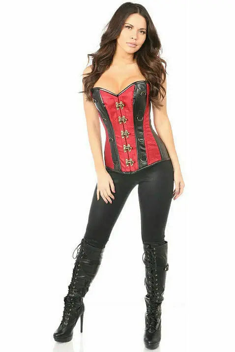 Daisy Corsets Top Drawer Wine Brocade & Faux Leather Steel Boned Corset - Daisy Corsets - Flyclothing LLC
