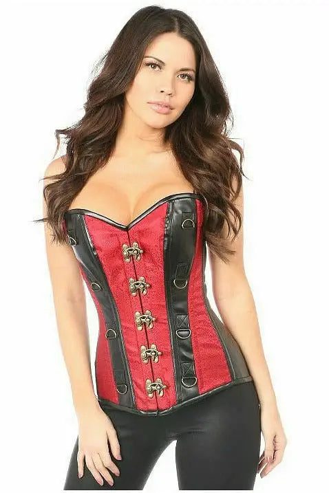 Daisy Corsets Top Drawer Wine Brocade & Faux Leather Steel Boned Corset - Daisy Corsets - Flyclothing LLC