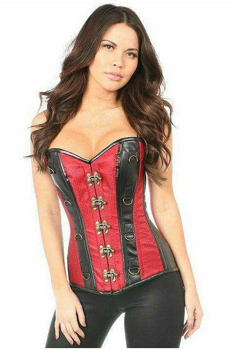 Daisy Corsets Top Drawer Wine Brocade & Faux Leather Steel Boned Corset - Daisy Corsets - Flyclothing LLC