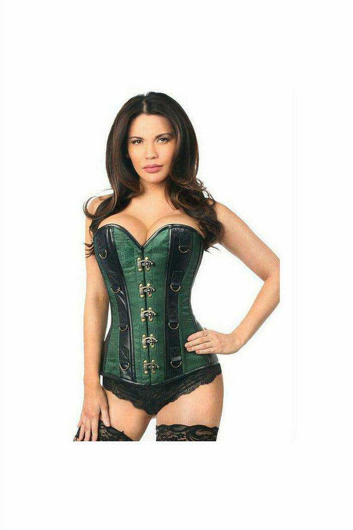 Daisy Corsets Top Drawer Dark Green Brocade & Faux Leather Steel Boned Corset - Daisy Corsets - Flyclothing LLC