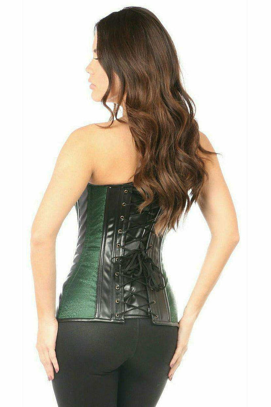 Daisy Corsets Top Drawer Dark Green Brocade & Faux Leather Steel Boned Corset - Daisy Corsets - Flyclothing LLC