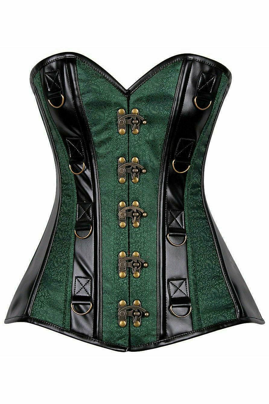 Daisy Corsets Top Drawer Dark Green Brocade & Faux Leather Steel Boned Corset - Daisy Corsets