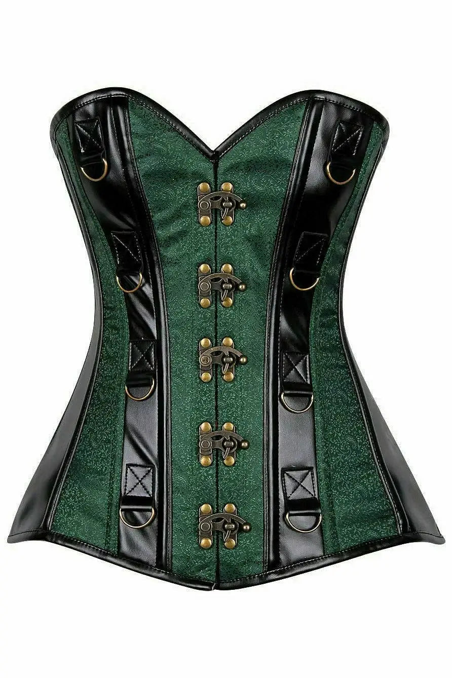 Daisy Corsets Top Drawer Dark Green Brocade & Faux Leather Steel Boned Corset - Daisy Corsets - Flyclothing LLC