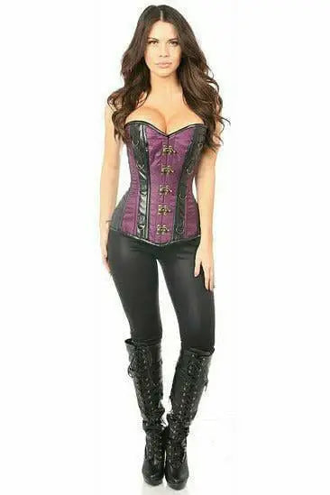 Daisy Corsets Top Drawer Plum Brocade & Faux Leather Steel Boned Corset - Daisy Corsets - Flyclothing LLC
