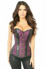Daisy Corsets Top Drawer Plum Brocade & Faux Leather Steel Boned Corset - Daisy Corsets - Flyclothing LLC