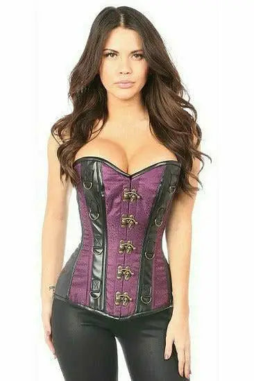 Daisy Corsets Top Drawer Plum Brocade & Faux Leather Steel Boned Corset - Daisy Corsets - Flyclothing LLC