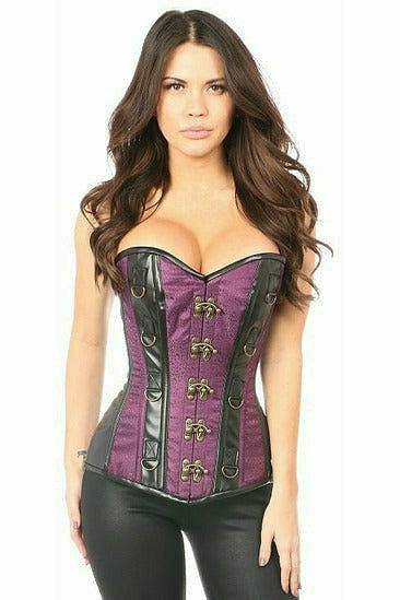 Daisy Corsets Top Drawer Plum Brocade & Faux Leather Steel Boned Corset - Daisy Corsets
