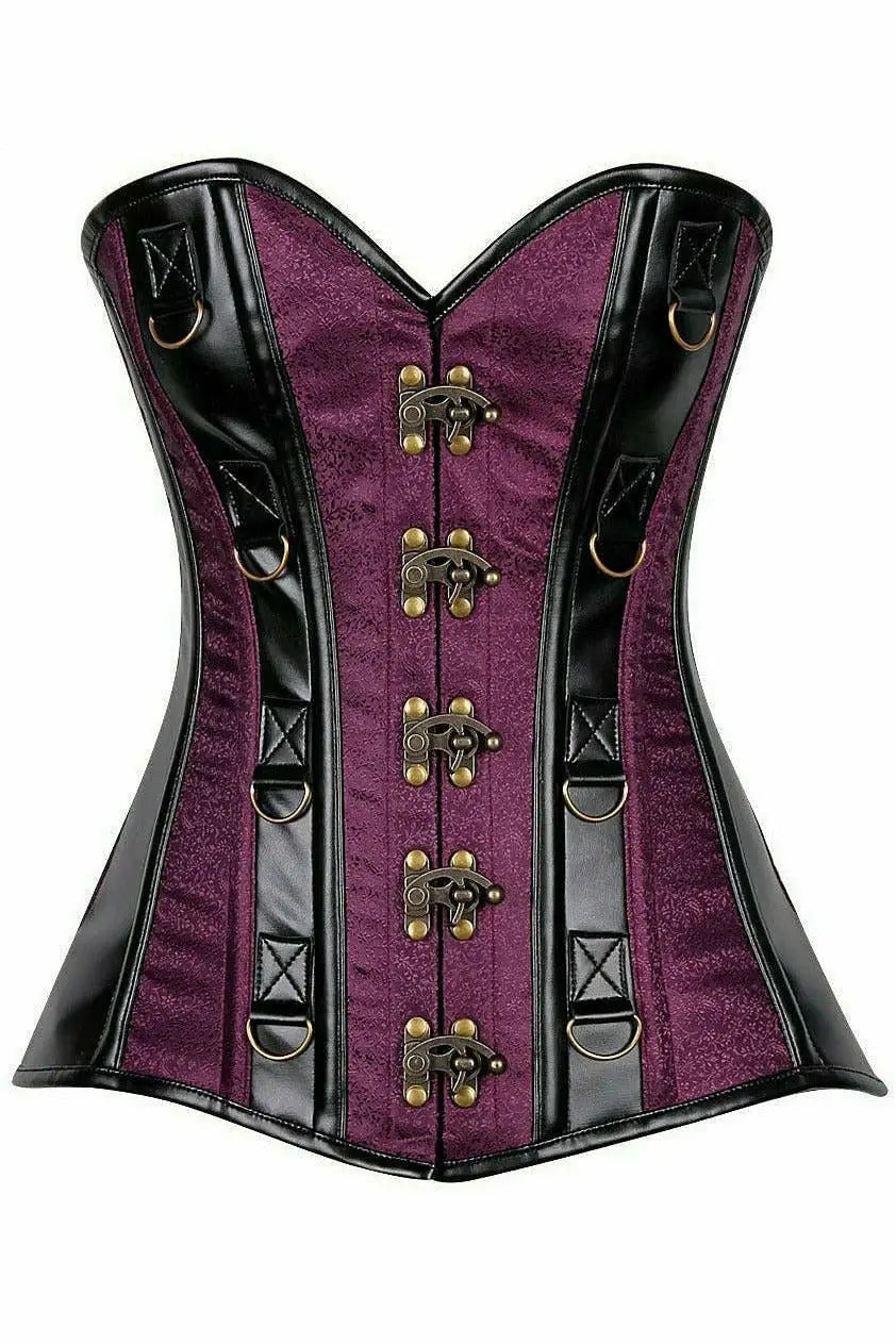Daisy Corsets Top Drawer Plum Brocade & Faux Leather Steel Boned Corset - Daisy Corsets - Flyclothing LLC