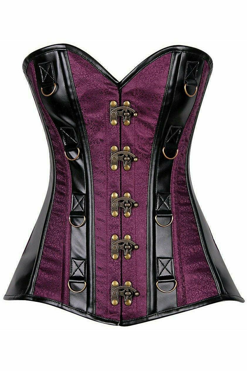 Daisy Corsets Top Drawer Plum Brocade & Faux Leather Steel Boned Corset - Daisy Corsets