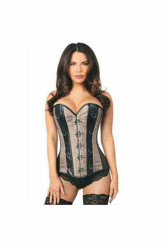 Daisy Corsets Top Drawer Gunmetal Brocade & Faux Leather Steel Boned Corset - Daisy Corsets - Flyclothing LLC