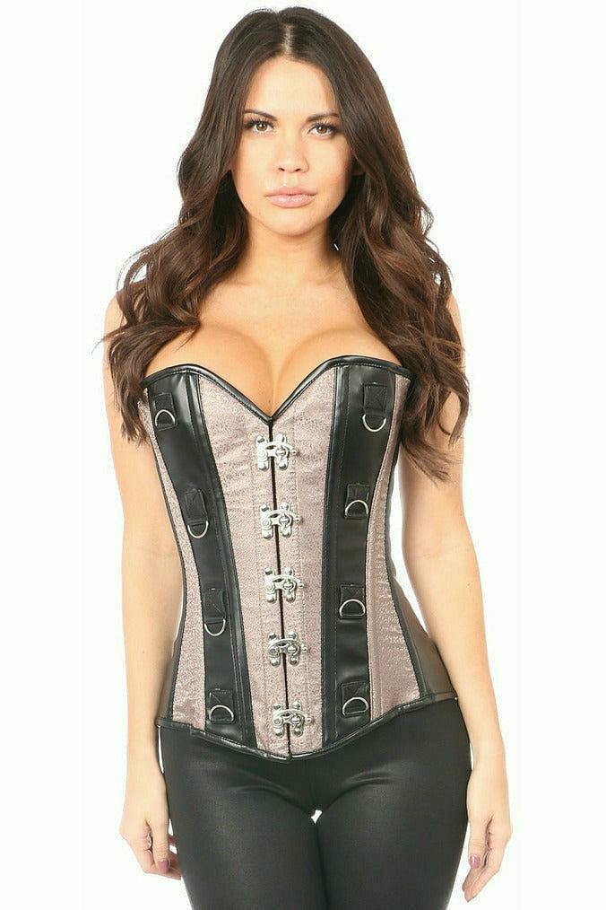 Daisy Corsets Top Drawer Gunmetal Brocade & Faux Leather Steel Boned Corset - Daisy Corsets