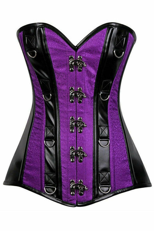 Daisy Corsets Top Drawer Purple Brocade & Faux Leather Steel Boned Corset - Daisy Corsets