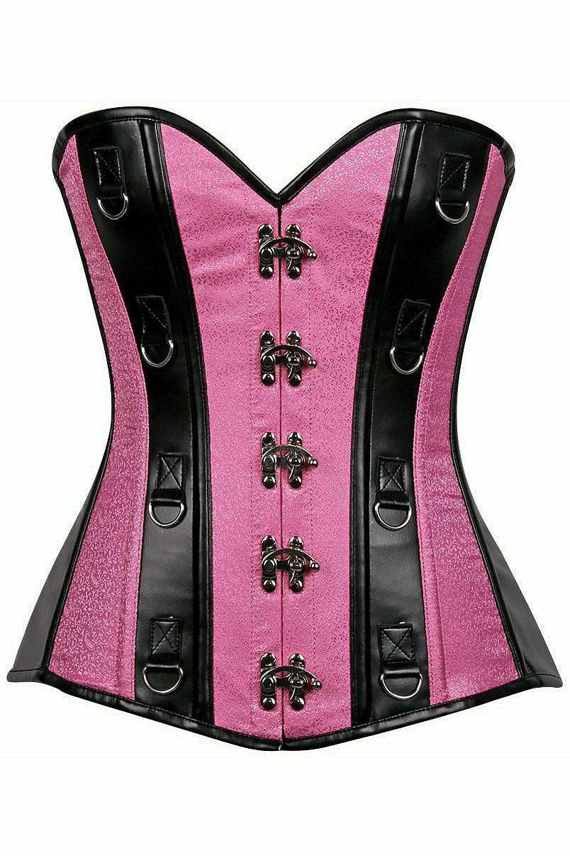 Daisy Corsets Top Drawer Pink Brocade & Faux Leather Steel Boned Corset - Daisy Corsets