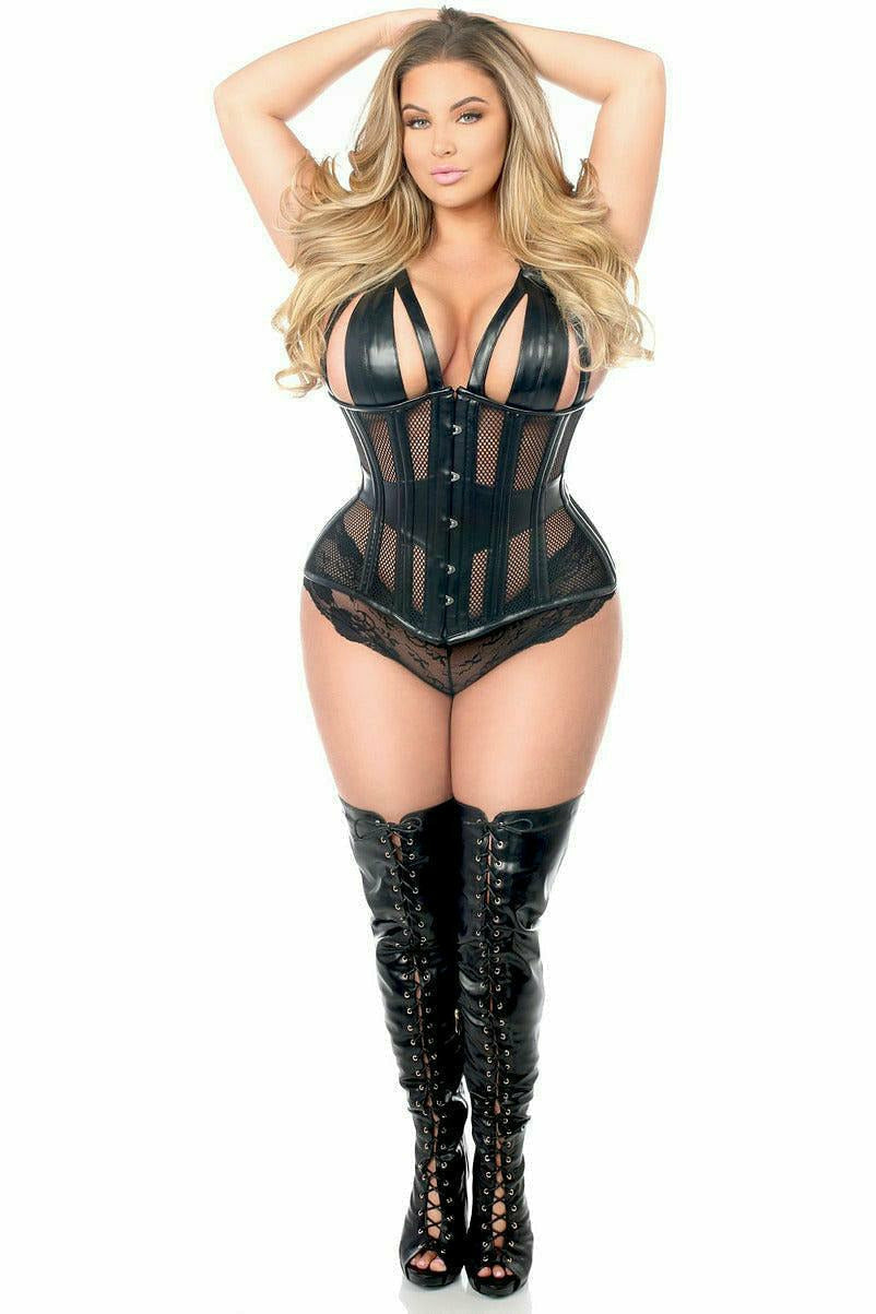 Daisy Corsets Top Drawer Faux Leather & Fishnet Steel Boned Halter Top Corset