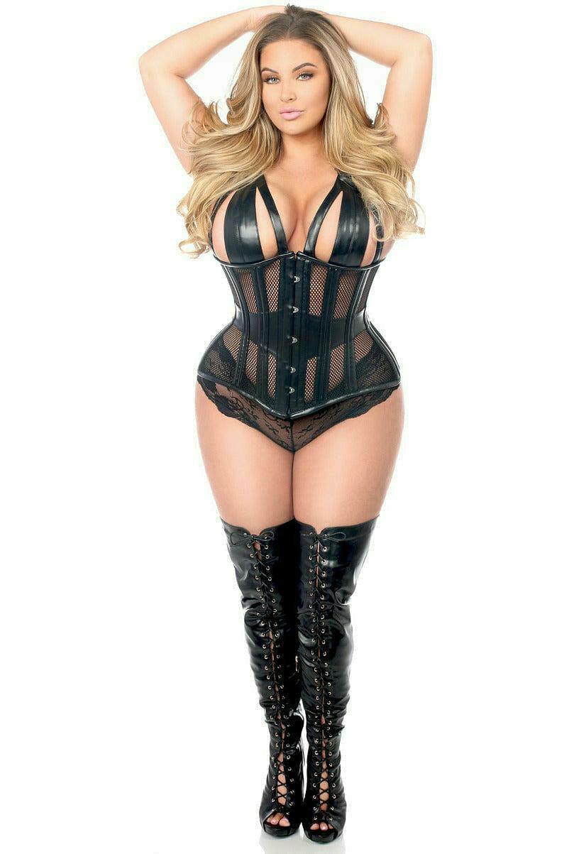 Daisy Corsets Top Drawer Faux Leather & Fishnet Steel Boned Halter Top Corset - Daisy Corsets