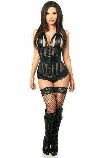 Daisy Corsets Top Drawer Faux Leather & Fishnet Steel Boned Halter Top Corset - Daisy Corsets - Flyclothing LLC