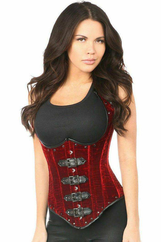 Daisy Corsets Top Drawer Steel Boned Red Velvet Underbust Corset w/Buckling - Daisy Corsets - Flyclothing LLC