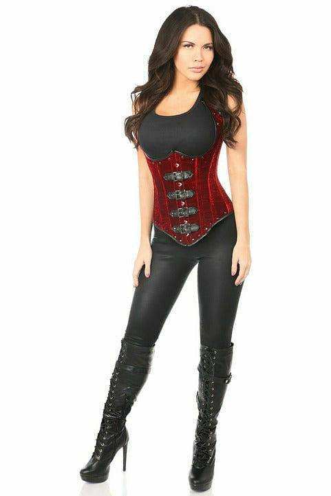 Daisy Corsets Top Drawer Steel Boned Red Velvet Underbust Corset w/Buckling - Daisy Corsets - Flyclothing LLC