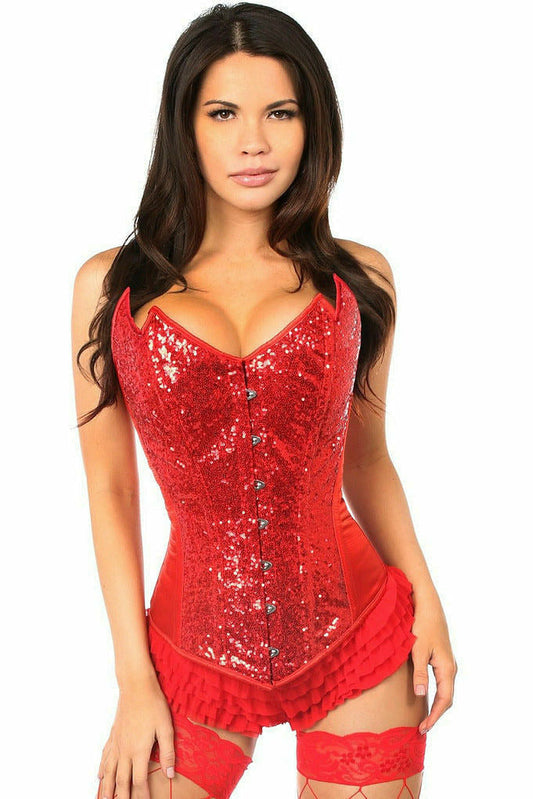 Daisy Corsets Top Drawer Red Sequin Pointed Top Steel Boned Corset