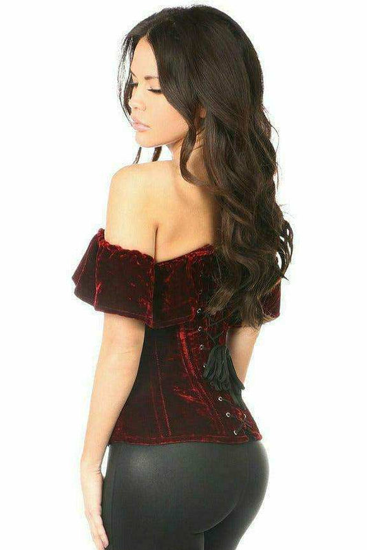 Daisy Corsets Top Drawer Dark Red Velvet Off-The-Shoulder Steel Boned Corset - Daisy Corsets - Flyclothing LLC