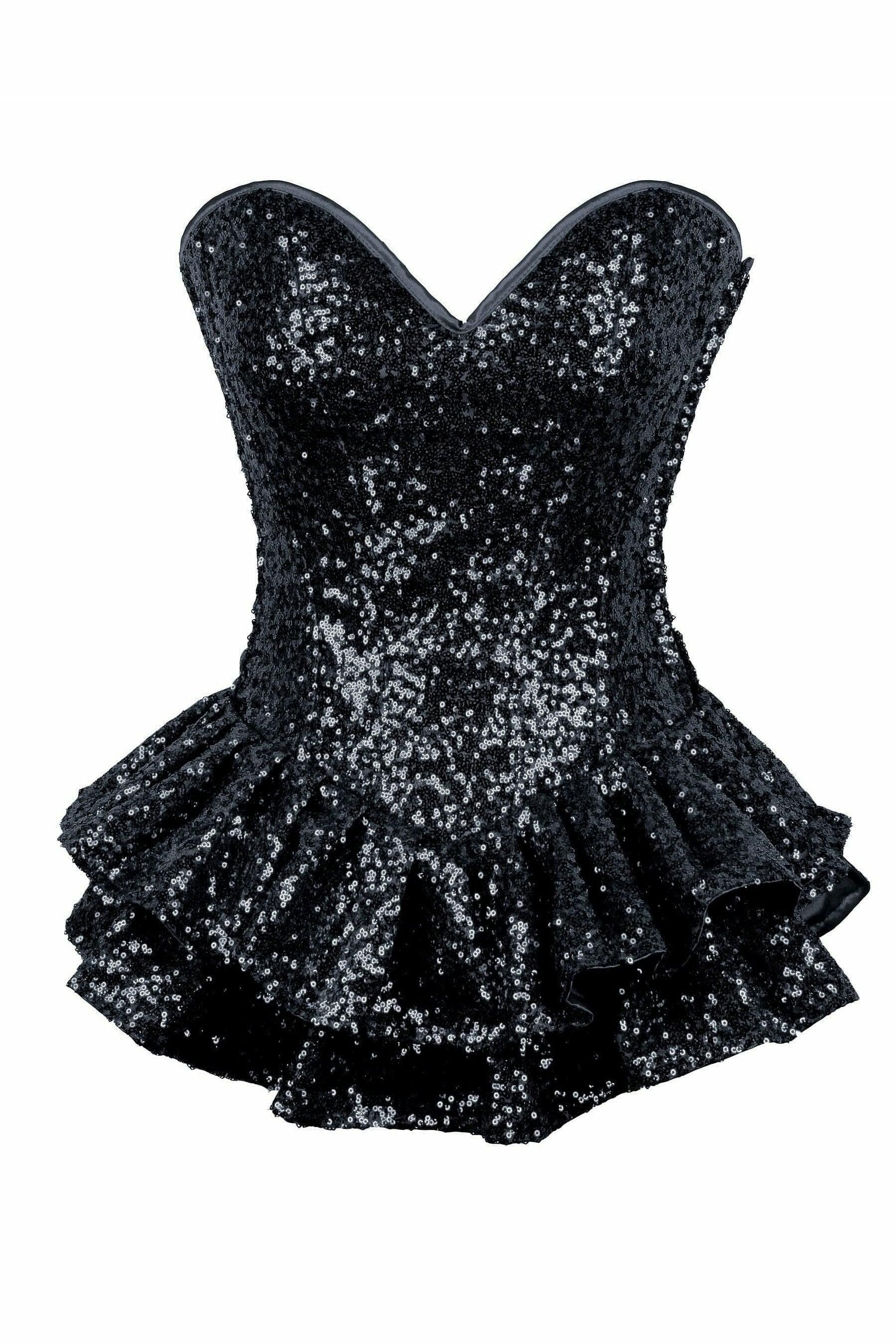 Daisy Corsets Top Drawer Black Sequin Steel Boned Mini Corset Dress - Daisy Corsets