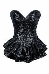 Daisy Corsets Top Drawer Black Sequin Steel Boned Mini Corset Dress