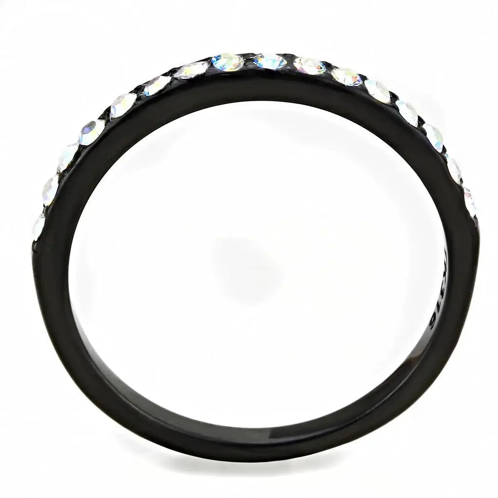 Alamode IP Black(Ion Plating) Stainless Steel Ring with Top Grade Crystal in Aurora Borealis (Rainbow Effect) - Alamode - Flyclothing LLC
