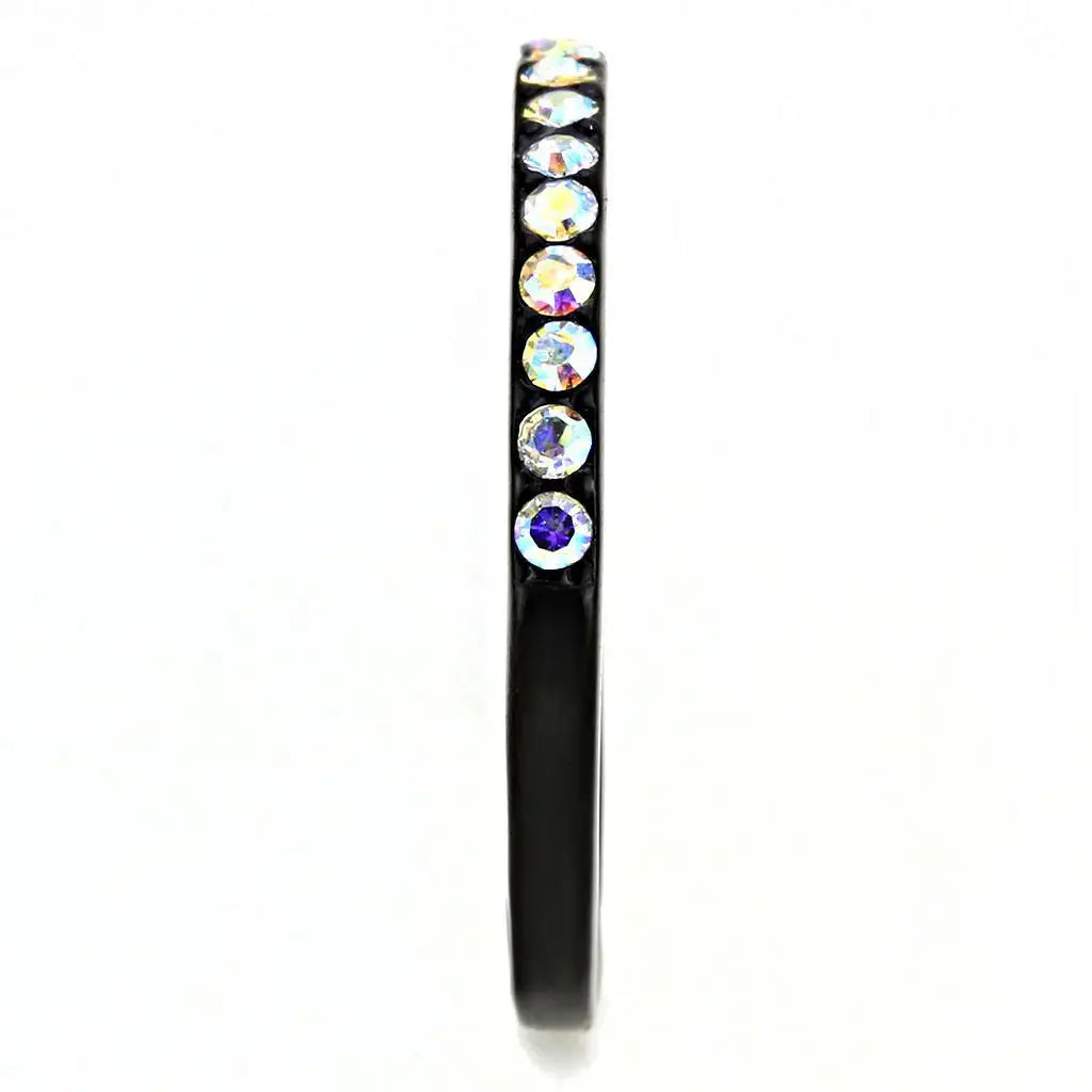 Alamode IP Black(Ion Plating) Stainless Steel Ring with Top Grade Crystal in Aurora Borealis (Rainbow Effect) - Alamode - Flyclothing LLC
