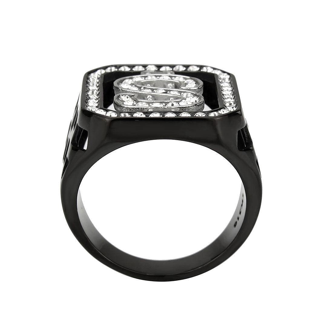 Alamode Two Tone IP Black (Ion Plating) Stainless Steel Ring with Top Grade Crystal in Clear - Flyclothing LLC