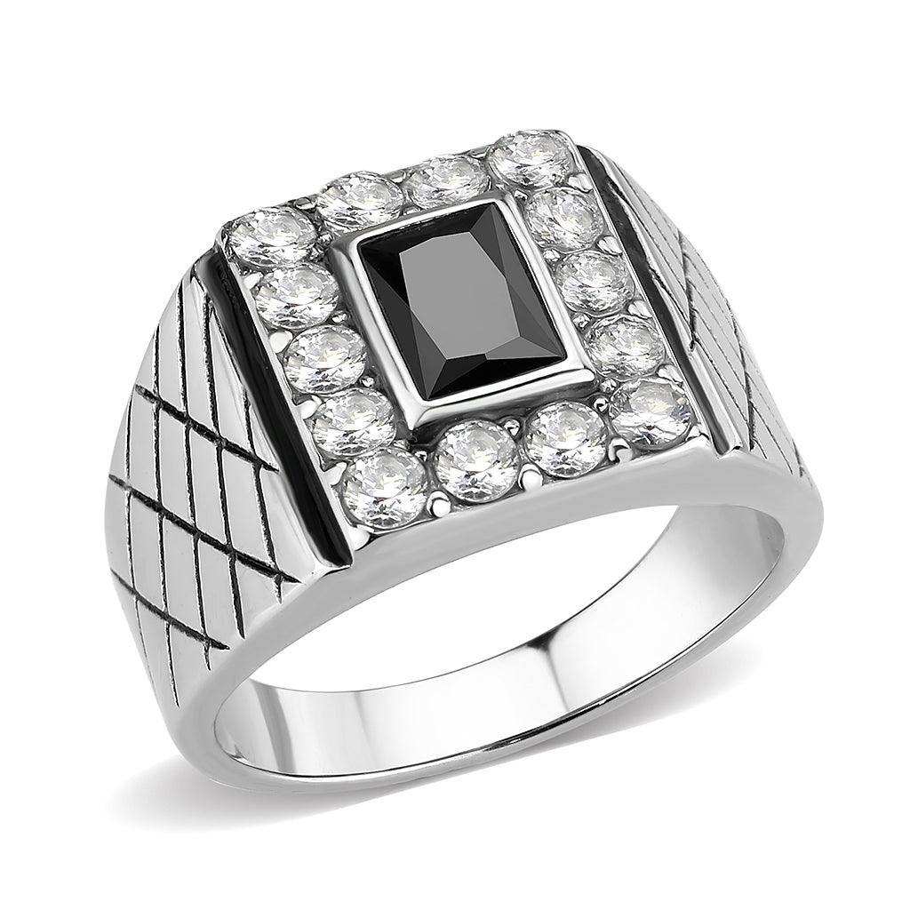 Alamode High polished (no plating) Stainless Steel Ring with AAA Grade CZ in Jet - Alamode - Flyclothing LLC