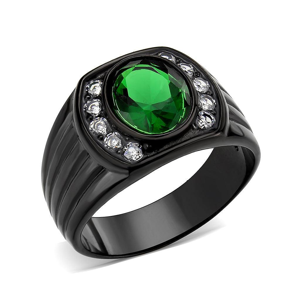 Alamode IP Black (Ion Plating) Stainless Steel Ring with Synthetic in Emerald - Flyclothing LLC