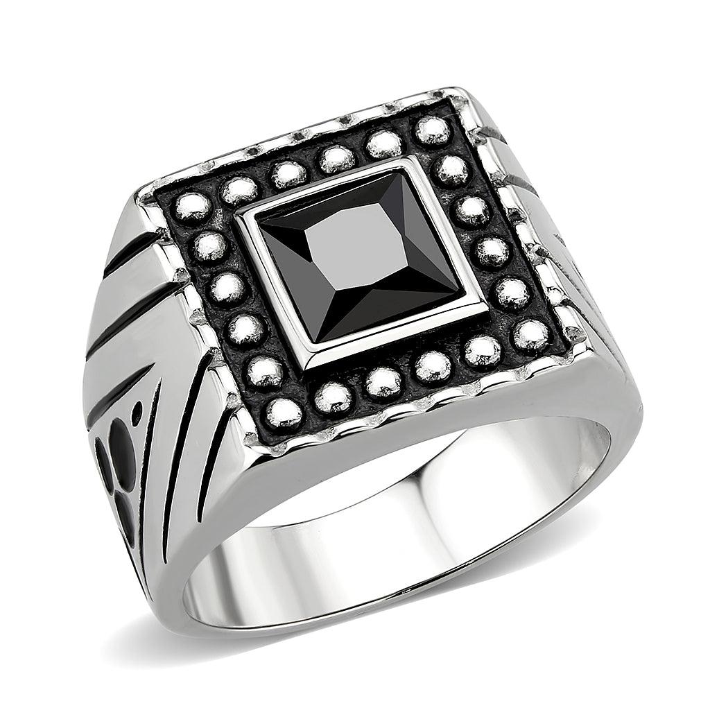 Alamode High polished (no plating) Stainless Steel Ring with AAA Grade CZ in Jet - Flyclothing LLC