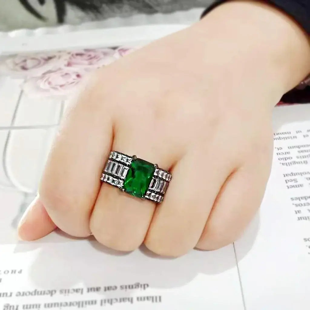 Alamode IP Black (Ion Plating) Stainless Steel Ring with Synthetic in Emerald - Alamode - Flyclothing LLC