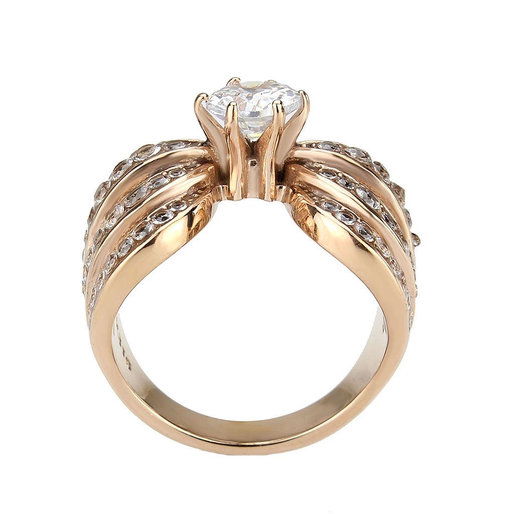 Alamode IP Rose Gold(Ion Plating) Stainless Steel Ring with AAA Grade CZ in Clear - Flyclothing LLC