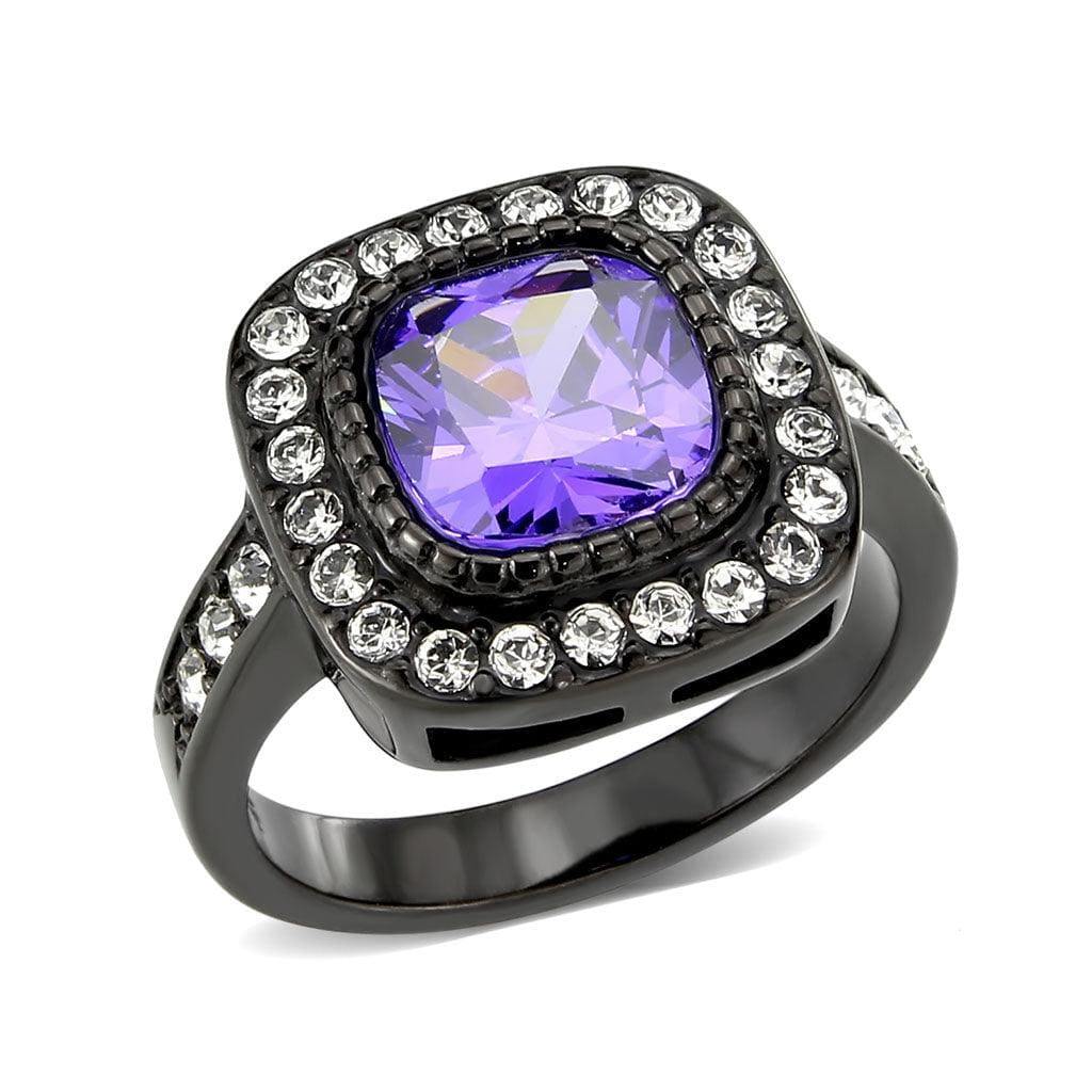 Alamode IP Black (Ion Plating) Stainless Steel Ring with AAA Grade CZ in Amethyst - Alamode