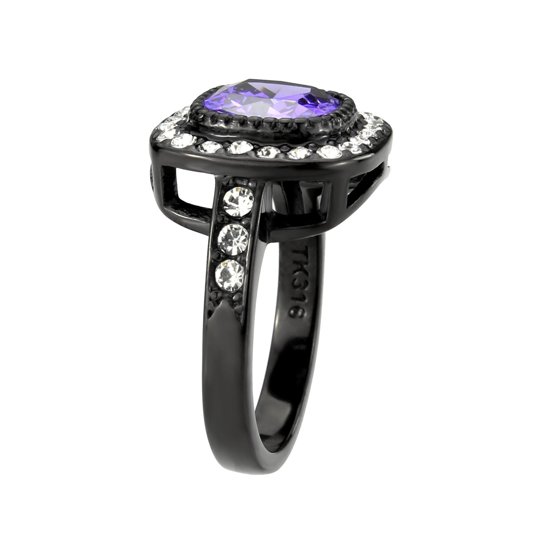 Alamode IP Black (Ion Plating) Stainless Steel Ring with AAA Grade CZ in Amethyst - Flyclothing LLC