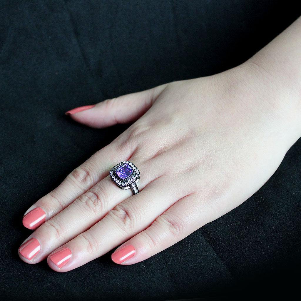 Alamode IP Black (Ion Plating) Stainless Steel Ring with AAA Grade CZ in Amethyst - Flyclothing LLC