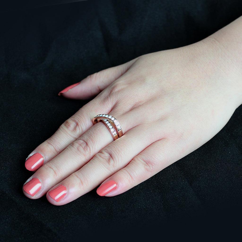 Alamode IP Rose Gold(Ion Plating) Stainless Steel Ring with Top Grade Crystal in Fireopal - Alamode