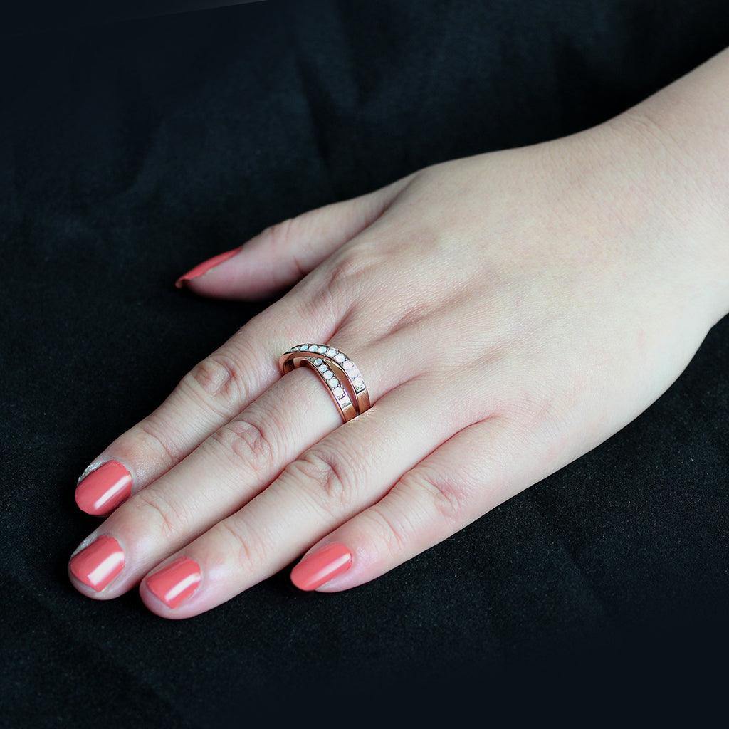 Alamode IP Rose Gold(Ion Plating) Stainless Steel Ring with Top Grade Crystal in Fireopal - Flyclothing LLC