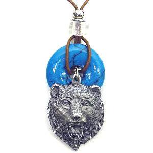 Bear Head Adjustable Cord Necklace with Torquoise Colored Disc - Flyclothing LLC