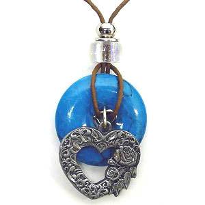 Scroll Heart Adjustable Cord Necklace with Torquoise Colored Disc - Flyclothing LLC